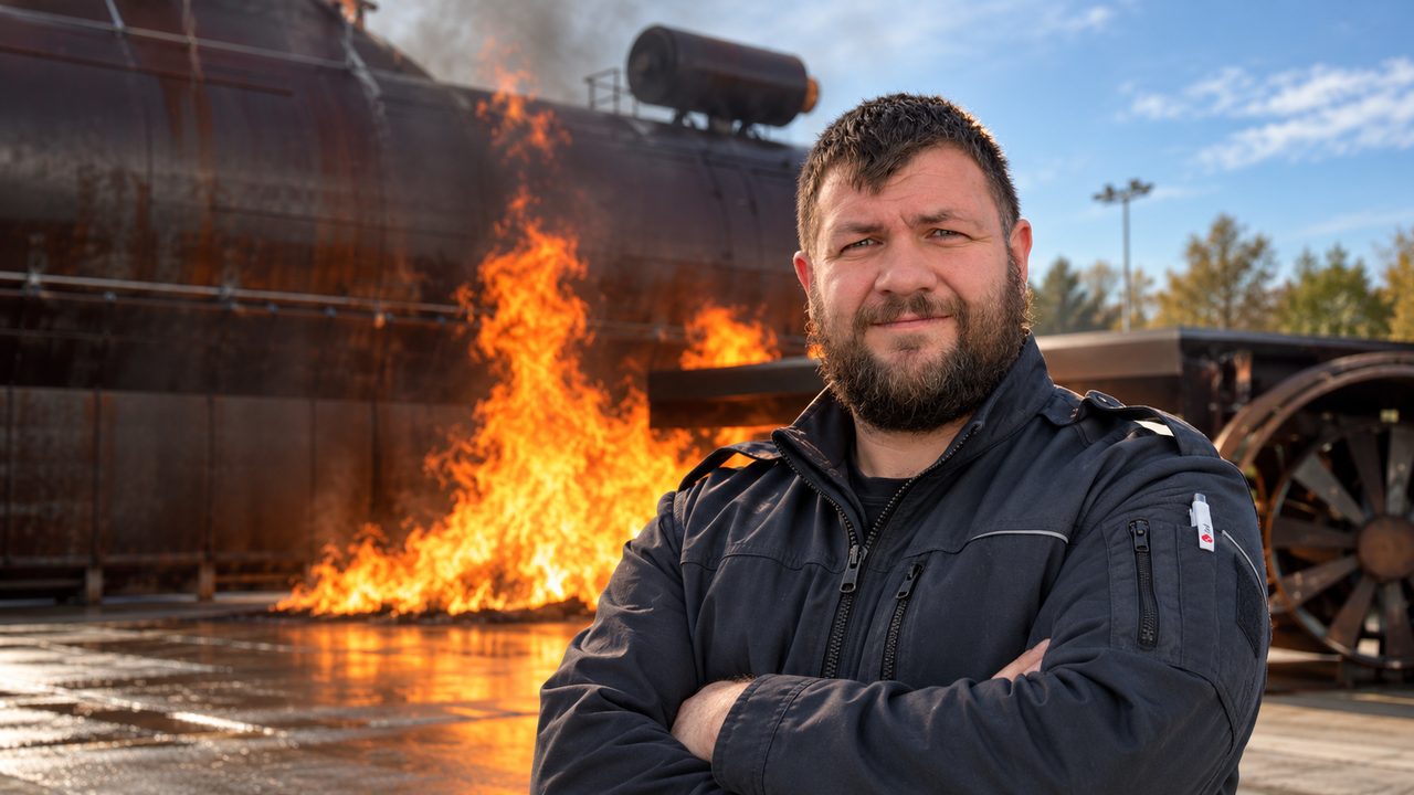Matthias Stürmer vor einer Brandschutz-Übungsanlage